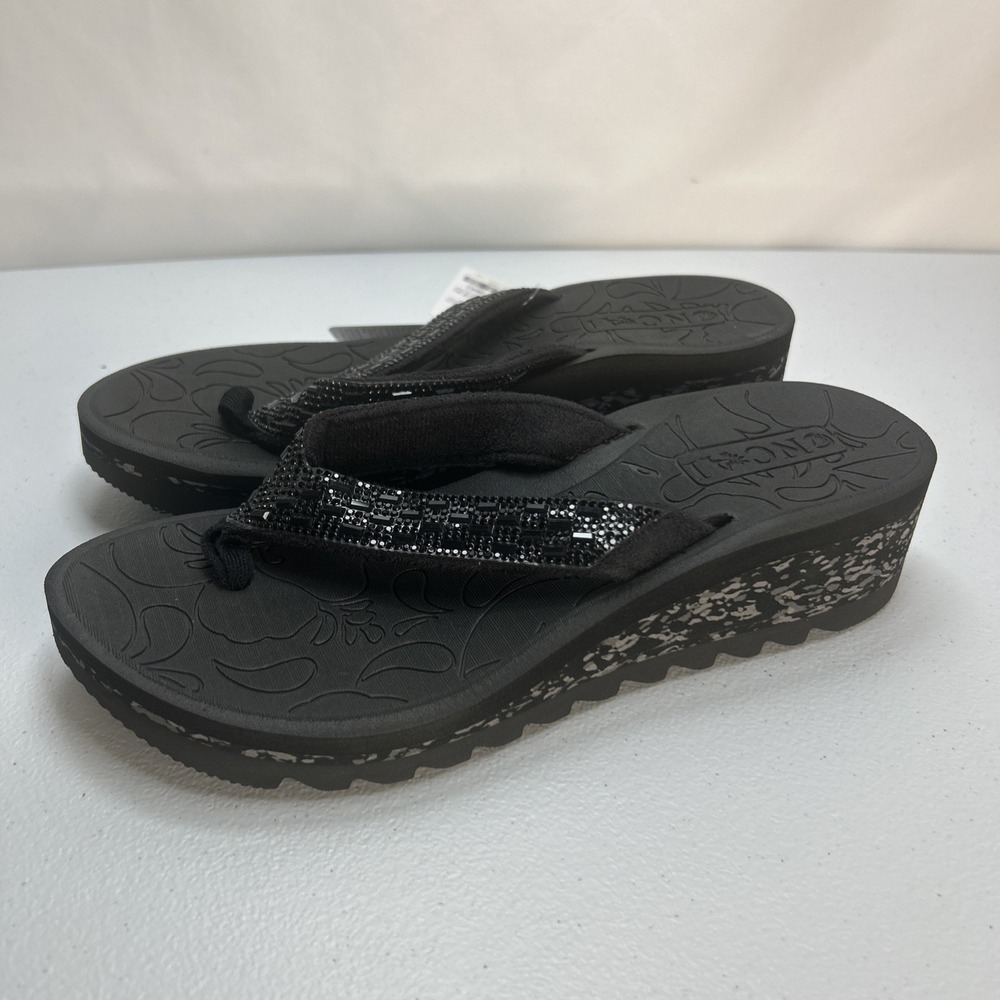 ONCAI Women's Wedge Flip Flops Size 6 Black Rhinestone Cushion Arch Support NWB